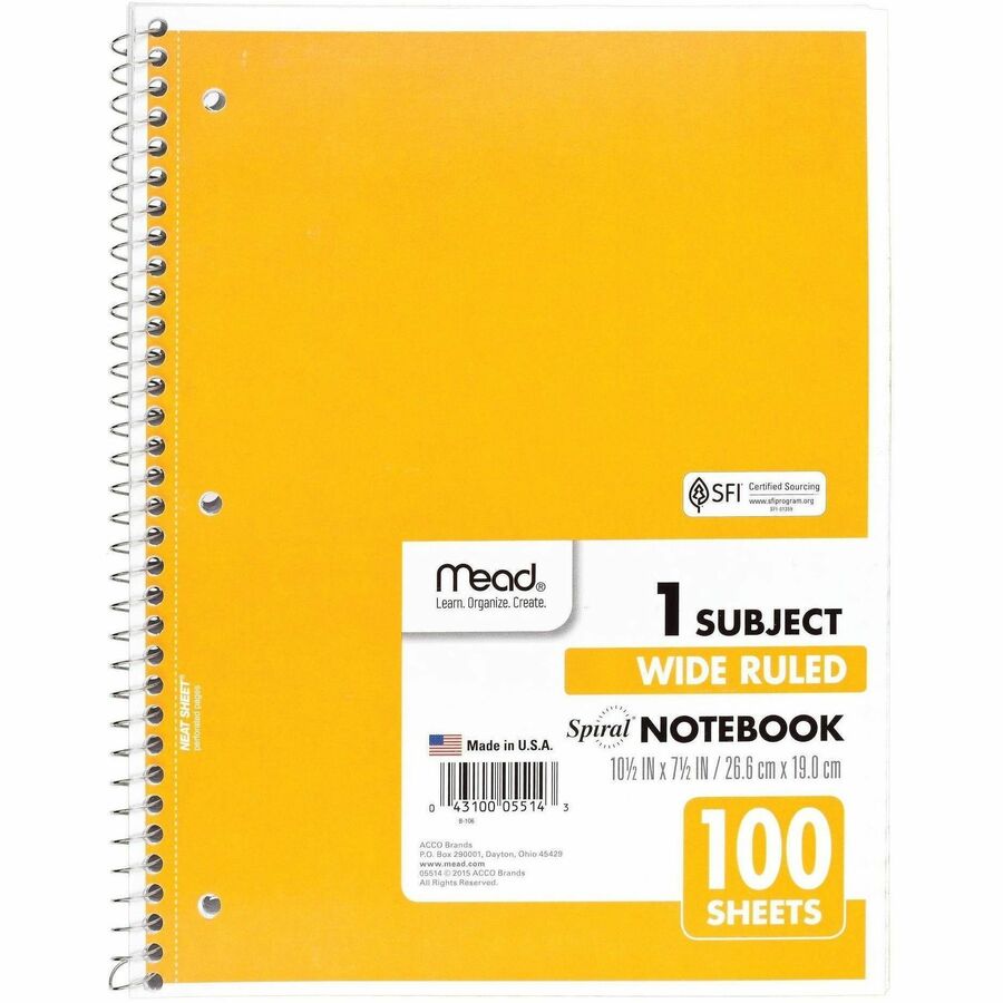 Mead Spiral Bound Wide Ruled Notebooks - 100 Sheets - Spiral - 8" x 10 1/2" Sheet Size - White Paper - Assorted Cover -