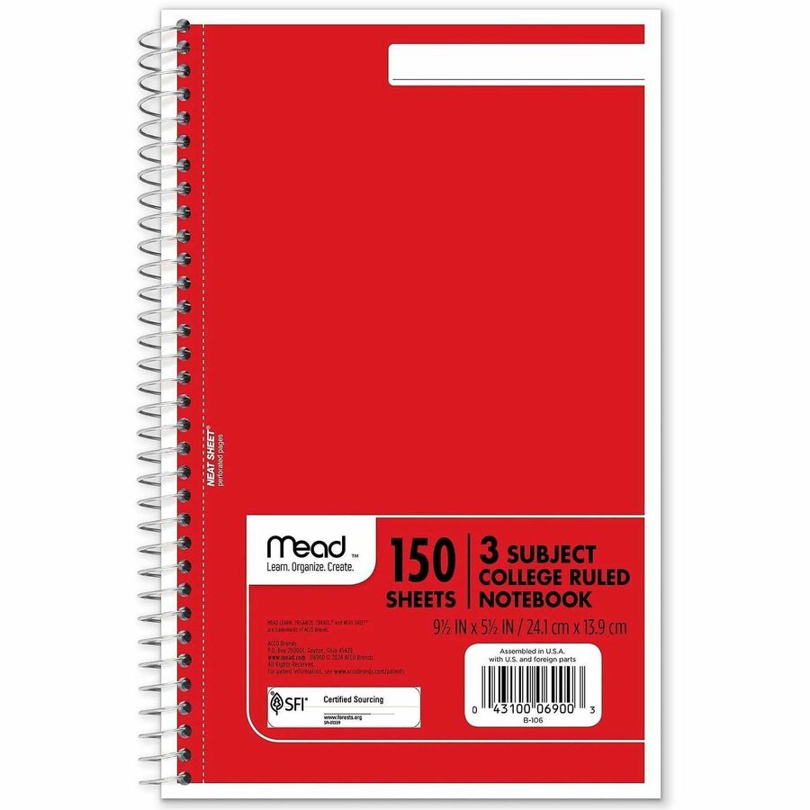 Mead 3-Subject Wirebound College Rule Notebook - 150 Sheets - Spiral - College Ruled Front Ruling - 5 1/2" x 9" Sheet Si