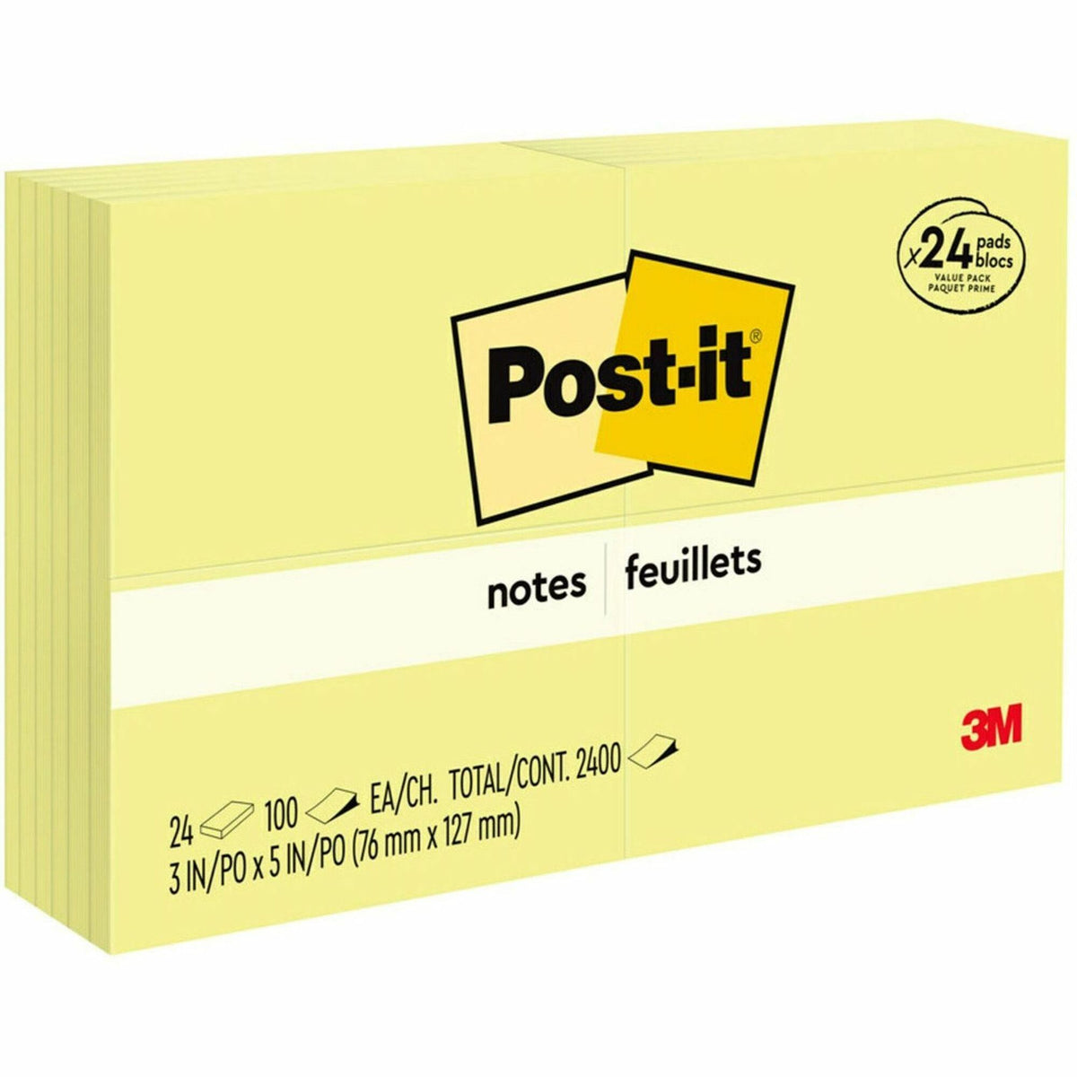 Post-it® Notes Value Pack - 100 - 3" Flag/Note Width x 5" Flag/Note Length - Rectangle - Unruled - Canary - Self-adhesiv