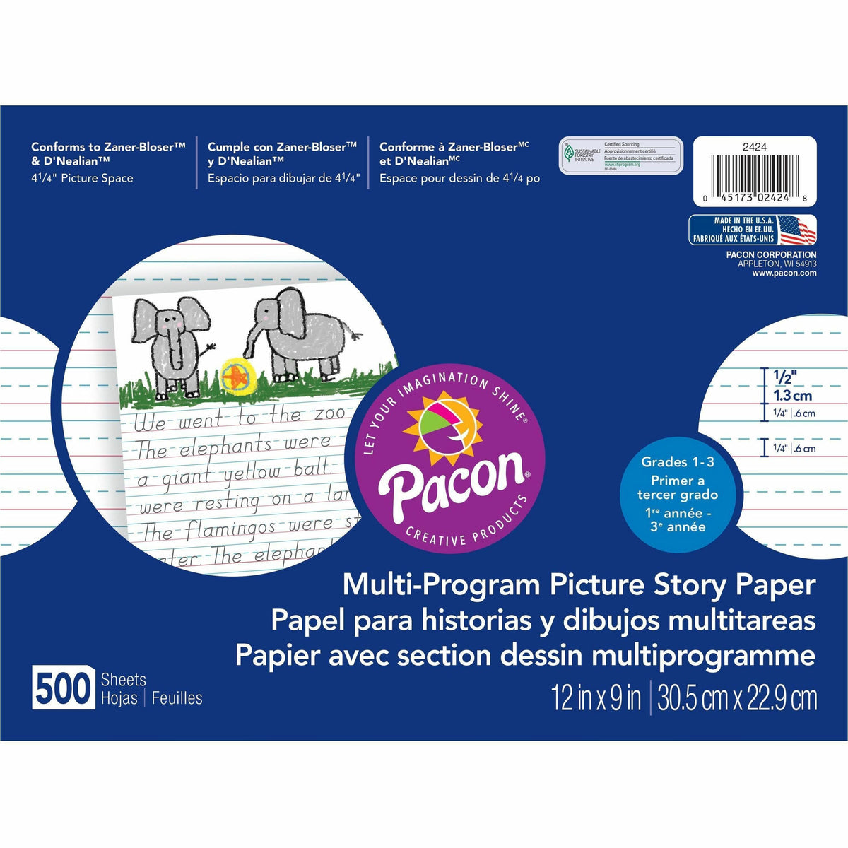Pacon Multi-program Picture Story Paper - 0.50" Ruled - 4.25" Picture Story Space - Unruled Margin - 12" x 9" Sheet Size