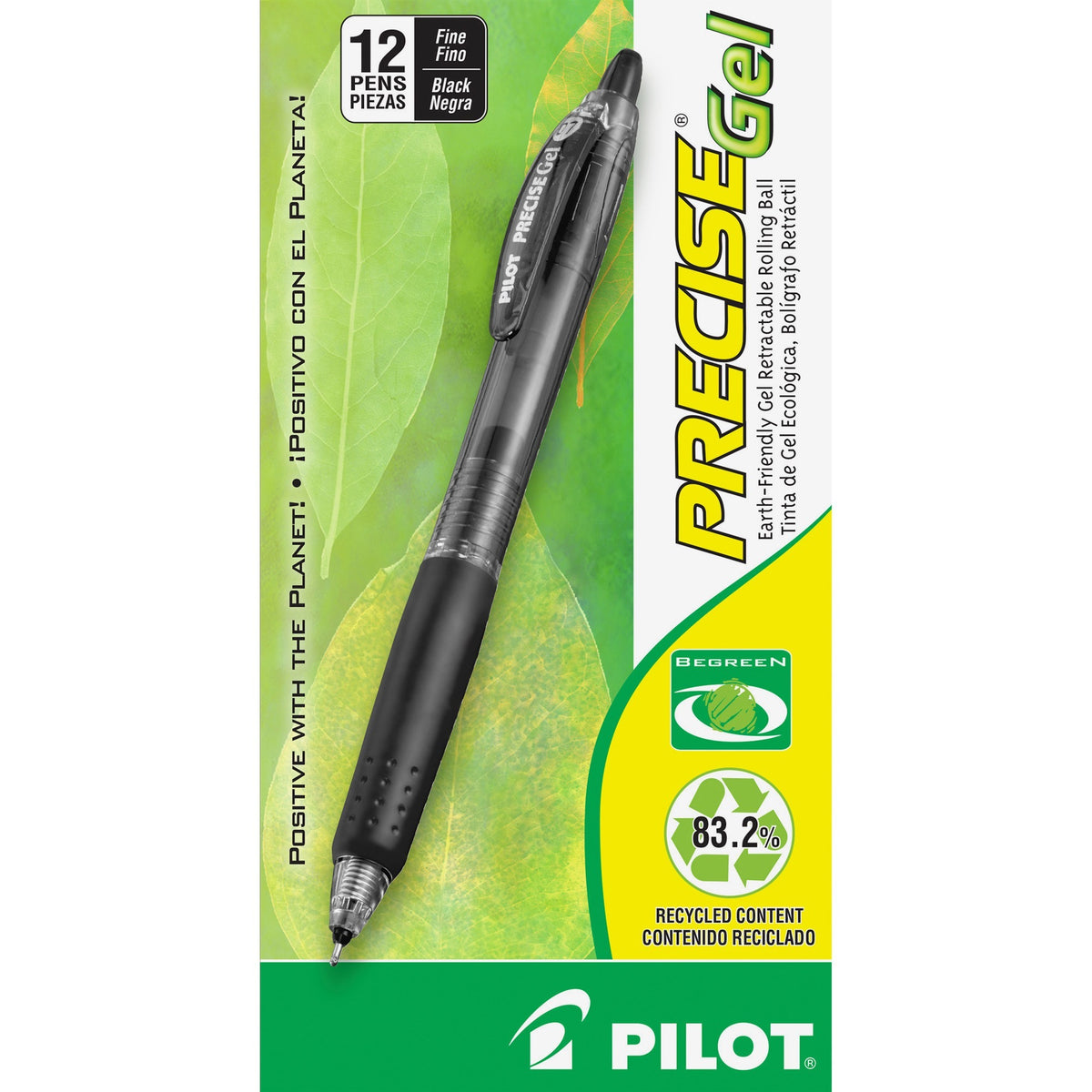 Pilot Precise Gel Fine Retractable BeGreen Pens - 0.7 mm Fine Needle Pen Point - Refillable - Retractable - Black Ink -