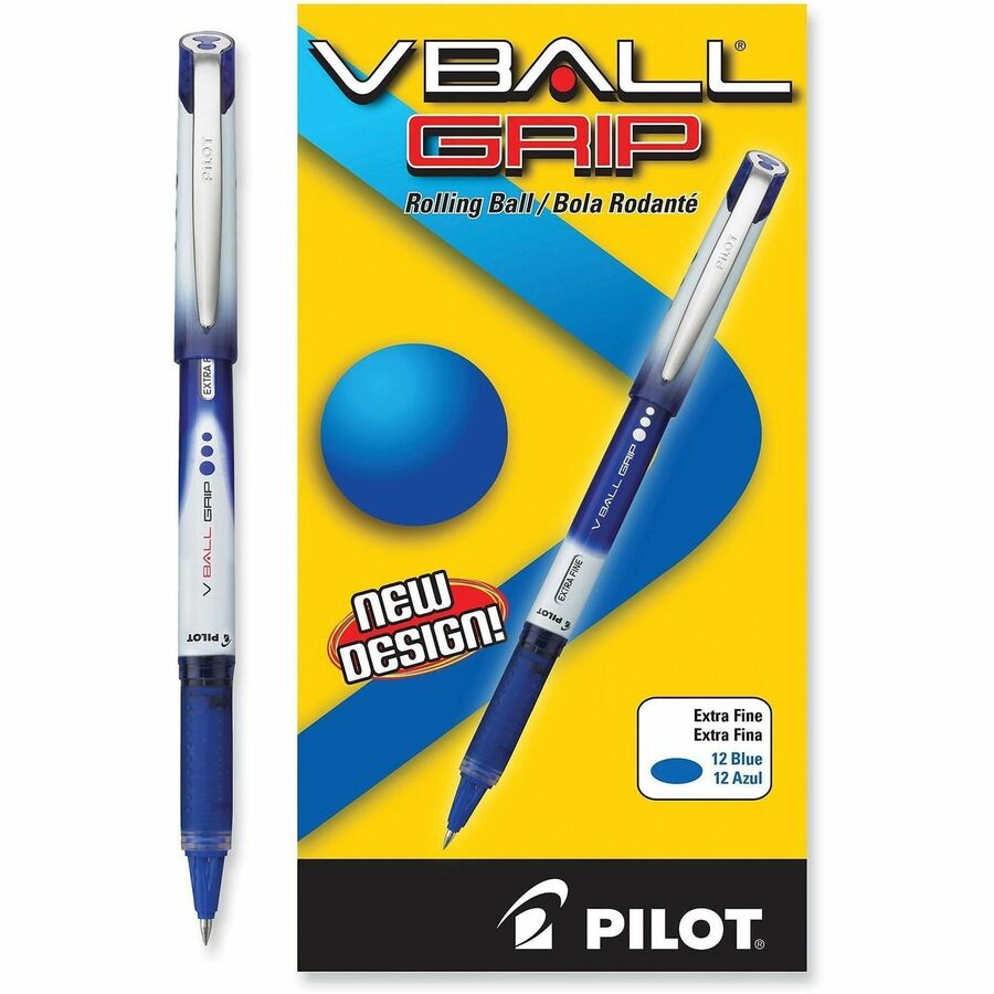 Pilot V-Ball Grip Liquid Ink Rollerball Pens - 0.5 mm Extra Fine Pen Point - Blue Ink - Metal Barrel - 12 / Dozen