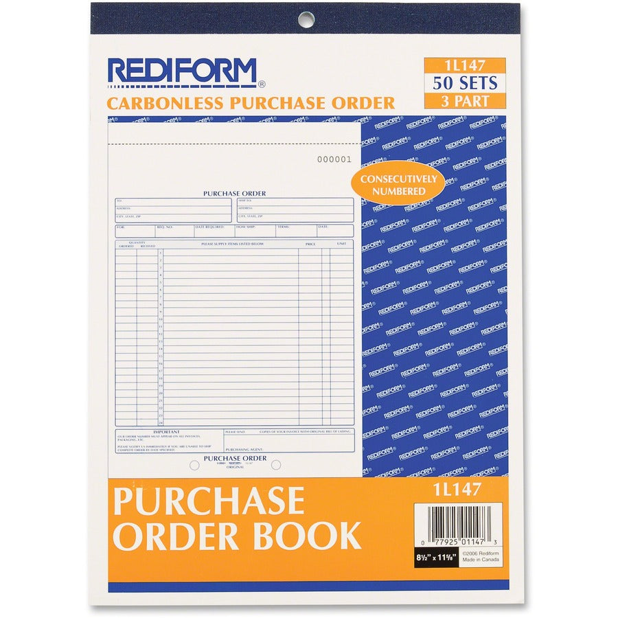 Rediform 3-Part Carbonless Purchase Order Book - 3 Part - 8.50" x 11" Sheet Size - White, Canary, Pink - White Sheet(s)
