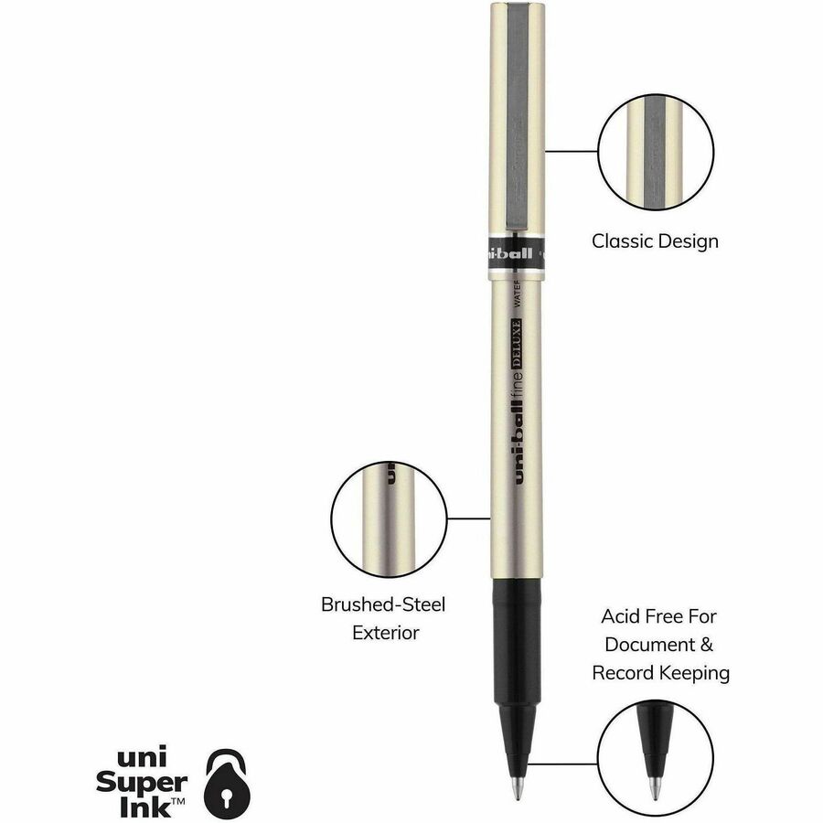 uniball™ Deluxe Rollerball Pens - 0.7 mm Pen Point - Black Ink - Champagne Barrel - 12 / Dozen