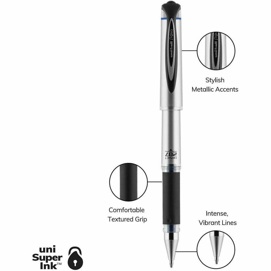 uniball™ 207 Impact Gel Pen - 1.0 mm Pen Point - Refillable - Blue Ink - Gel-based - Silver Barrel - 12 / Dozen