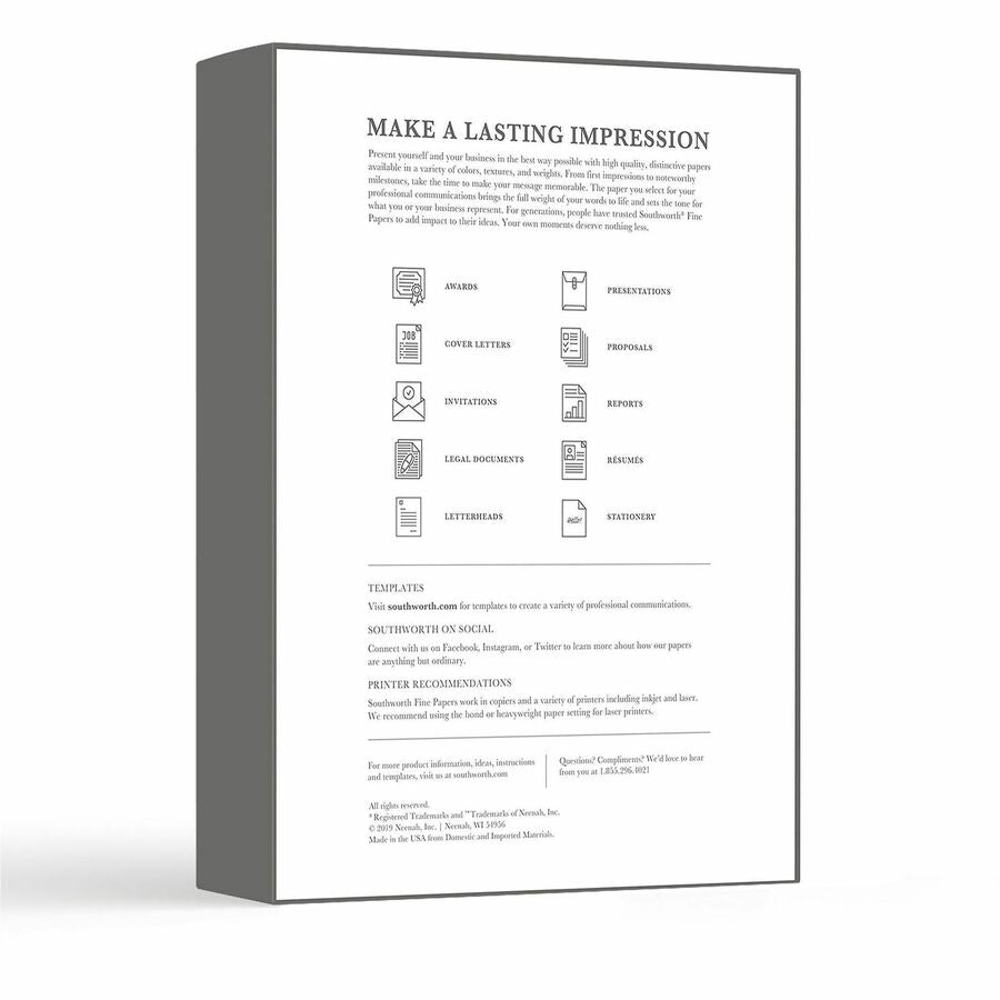 Southworth 25% Cotton Business Paper - Letter - 8 1/2" x 11" - 24 lb Basis Weight - Wove - FSC - 1 Box