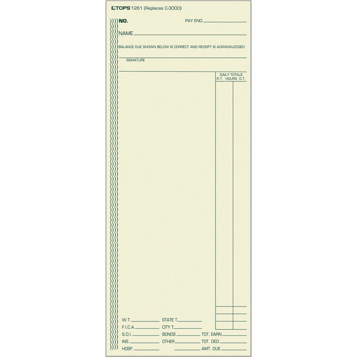 TOPS 1-Sided Weekly Time Cards - 3.37" x 8.25" Sheet Size - Manila - Manila Sheet(s) - Green Print Color - 500 / Box