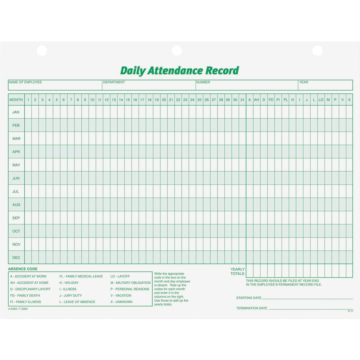 TOPS Daily Employee Attendance Record Form - 50 Sheet(s) - 11" x 8.50" Sheet Size - 3 x Holes - White - White Sheet(s) -
