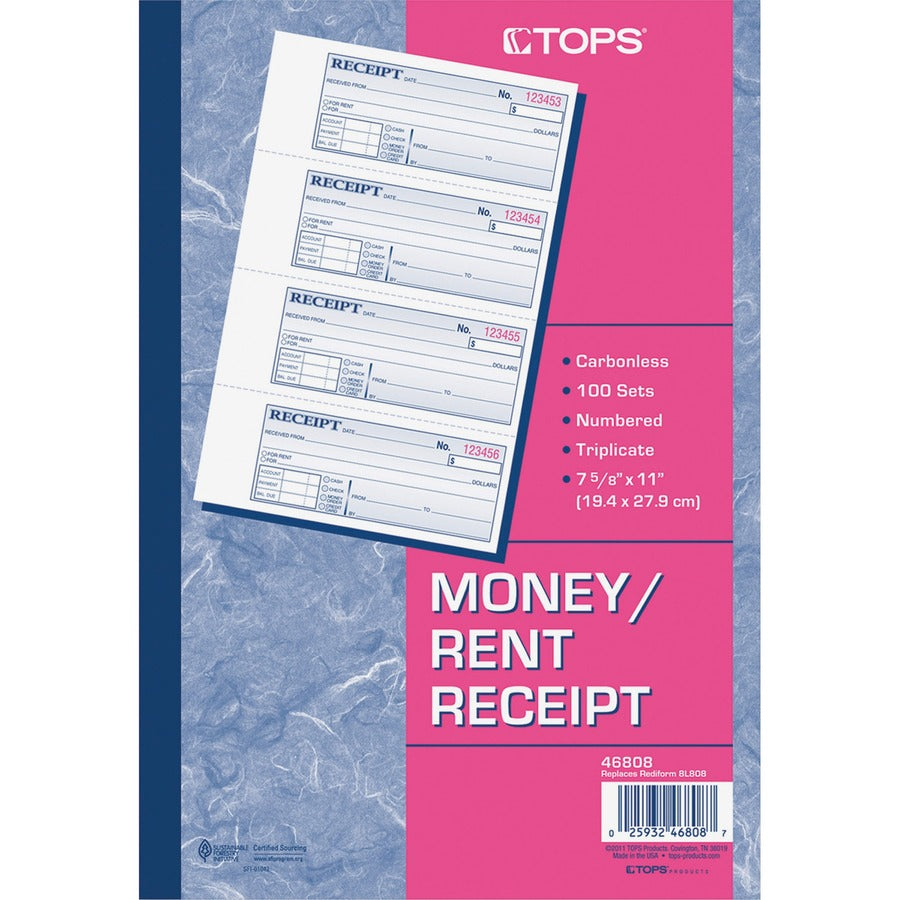 TOPS Money/Rent Receipt Book - 3 Part - Carbonless Copy - 2.75" x 7.25" Sheet Size - Assorted Sheet(s) - Blue Print Colo