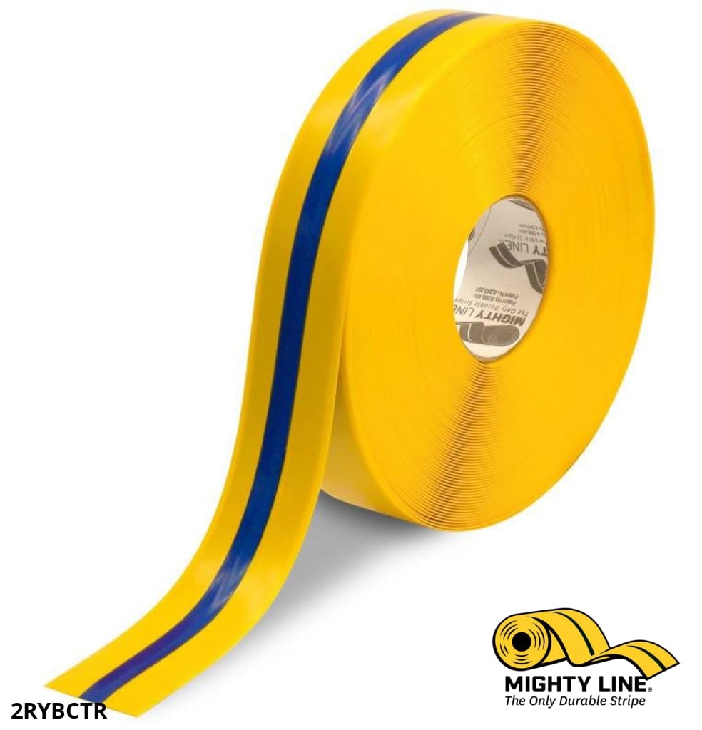 2" Yellow Tape with Blue Center Line - 100' Roll - Safety Floor Tape
