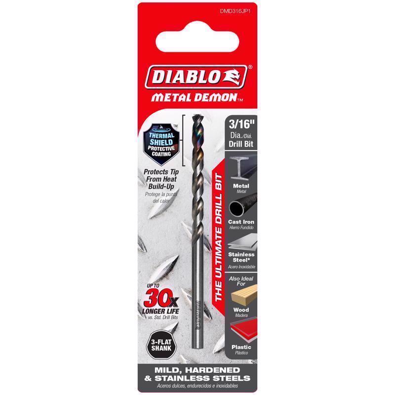Diablo Metal Demon 3/16 in. Metal Drill Bit 3-Flat Shank 1 pc