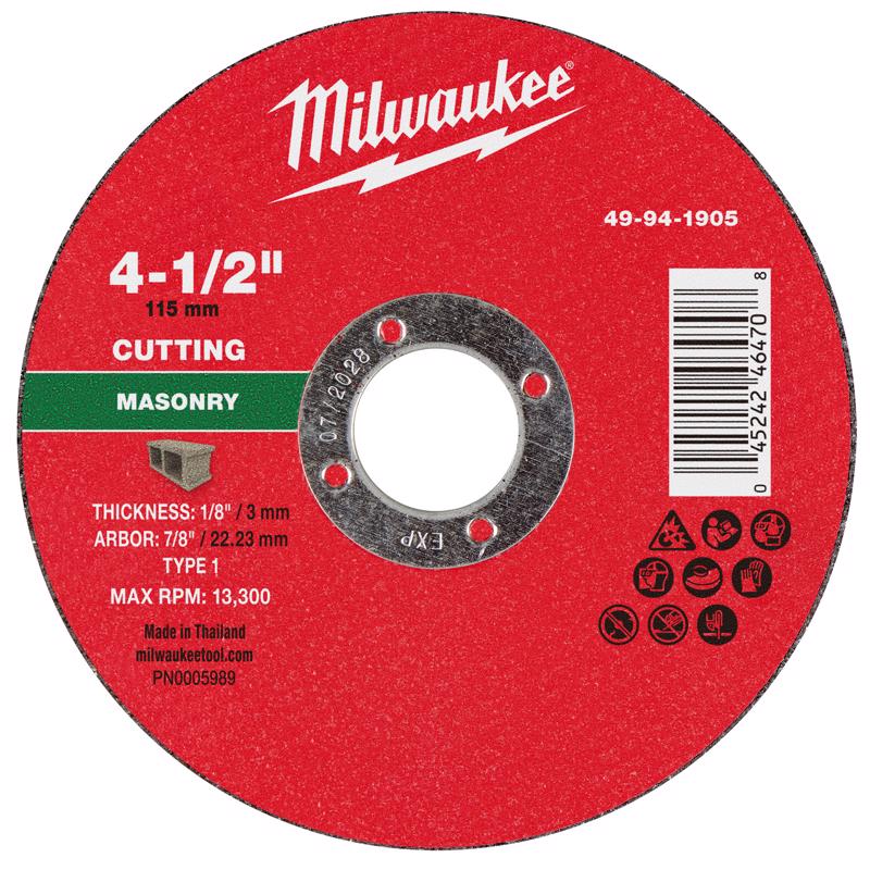 Milwaukee 4-1/2 in. D X 7/8 in. X 1/8 in. thick Masonry Cut-Off Wheel 1 pc