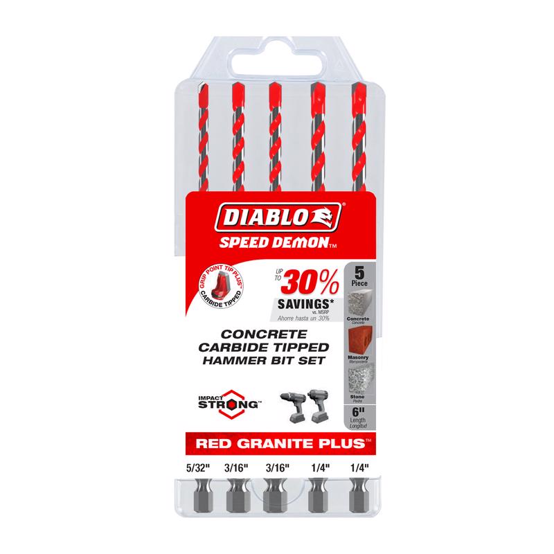 Diablo Speedemon Red Granite Plus Carbide Tipped Hammer Drill Bit Set Hex Shank 5 pc
