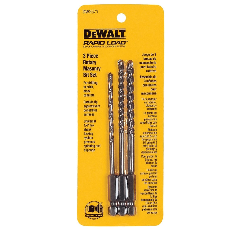 DeWalt Rapid Load Assorted Carbide Tipped Masonry Drill Bit Set Hex Shank 3 pc