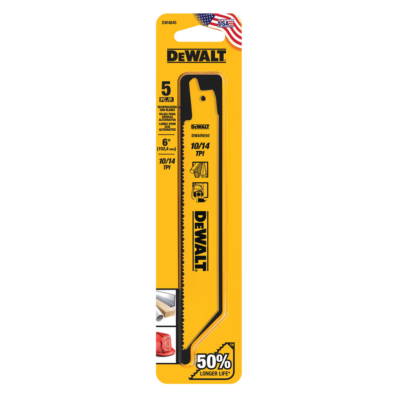 DEWALT 6 in. Bi-Metal Reciprocating Saw Blade 10/14 TPI 5 pk
