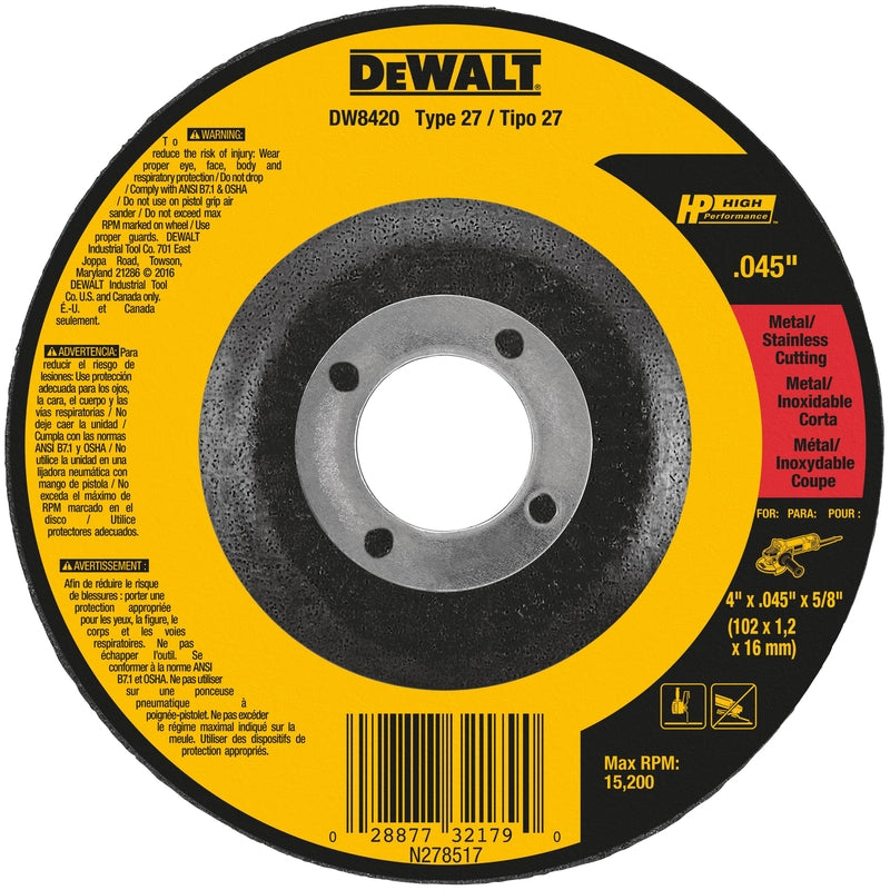 DeWalt High Performance 4 in. D X 5/8 in. X .045 in. thick Aluminum Oxide Cut-Off Wheel 1 pc
