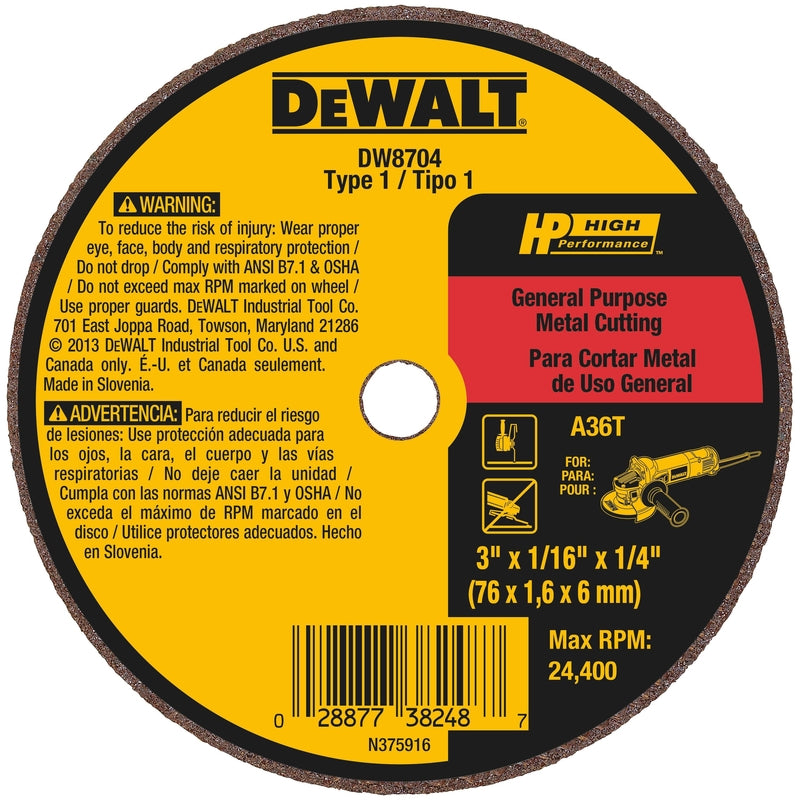 DeWalt High Performance 3 in. D X 1/4 in. X 1/16 in. thick Aluminum Oxide Cut-Off Wheel 1 pc