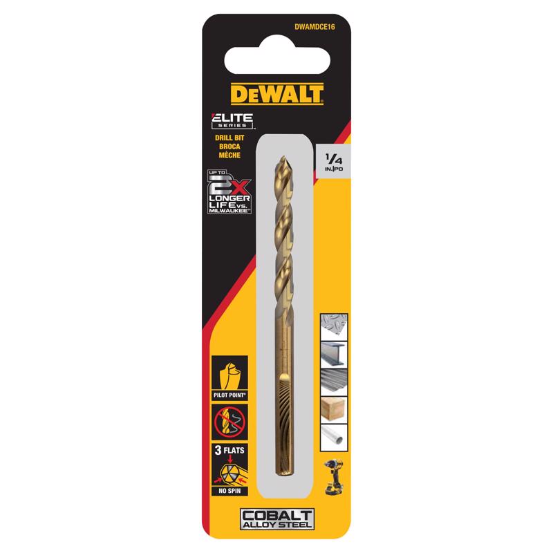 DeWalt ELITE SERIES 1/4 in. X 4 in. L Cobalt Steel Pilot Point Drill Bit Round Shank 1 pc