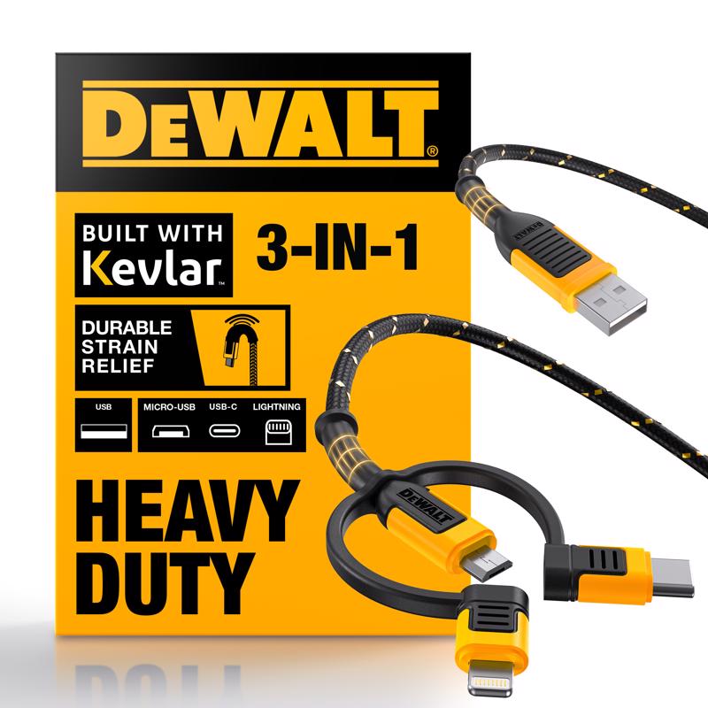 DeWalt Lightning, Type C and Micro USB 3-in-1 Cable 6 ft. Black/Yellow