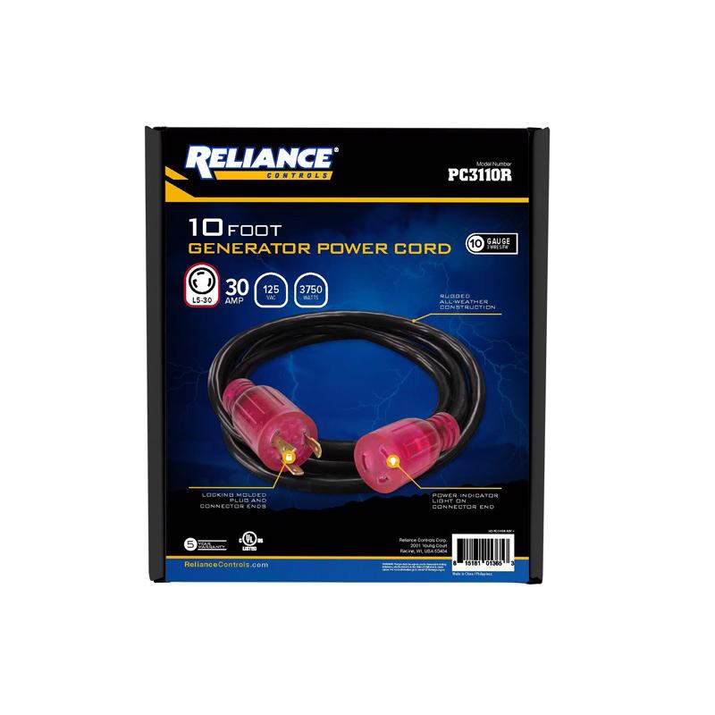 Reliance Controls 10/3 SJTW 125 V 10 ft. L Generator Power Cord