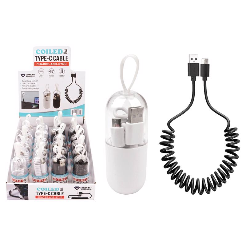 Diamond Visions Assorted Coiled Cord USB-A to USB-C Cable For All Mobile Devices 6 ft. L