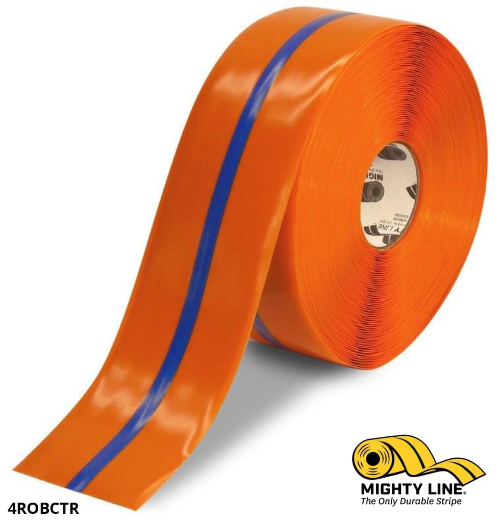 4" Orange Tape with Blue Center Line - 100' Roll - Safety Floor Tape