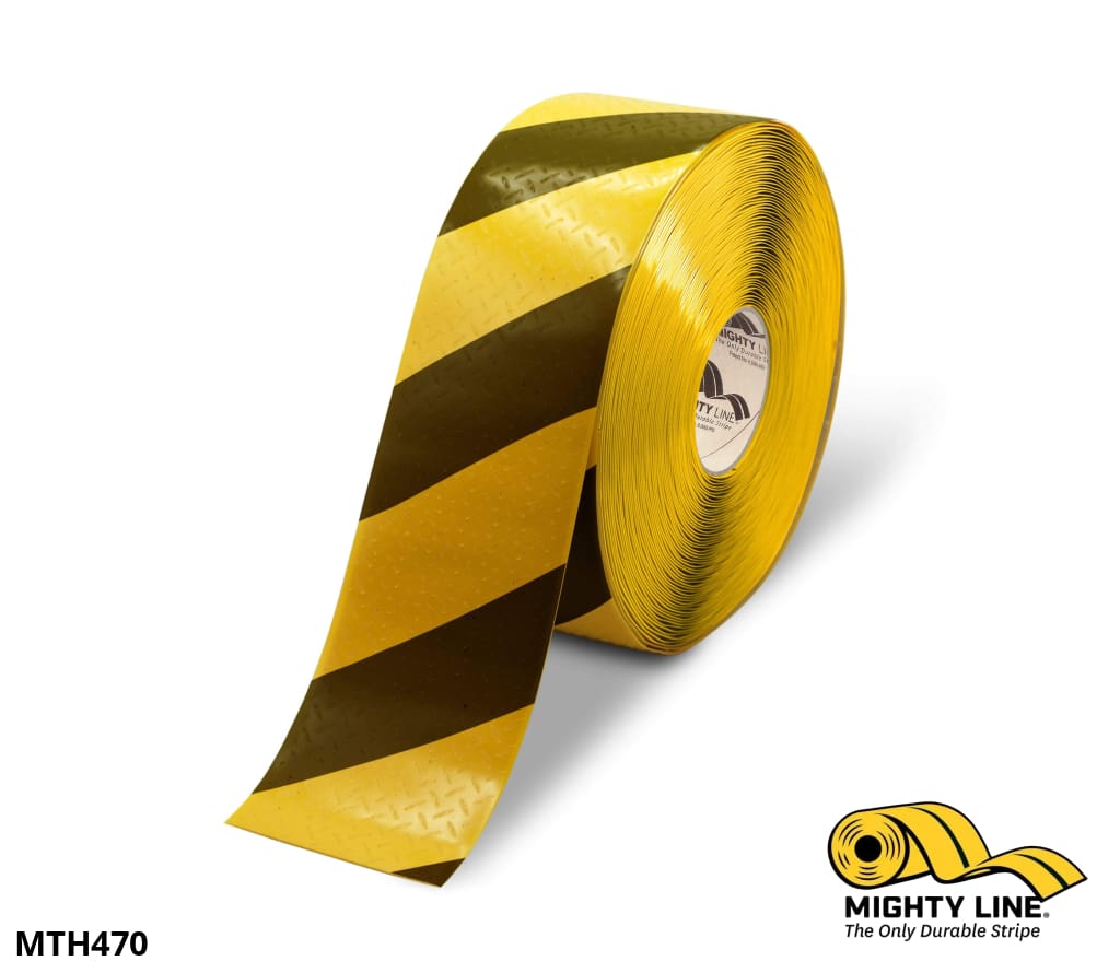 4" Yellow and Black Diagonal Mighty Line Tac - Traction AntiSlip Floor Tape - 100' Roll