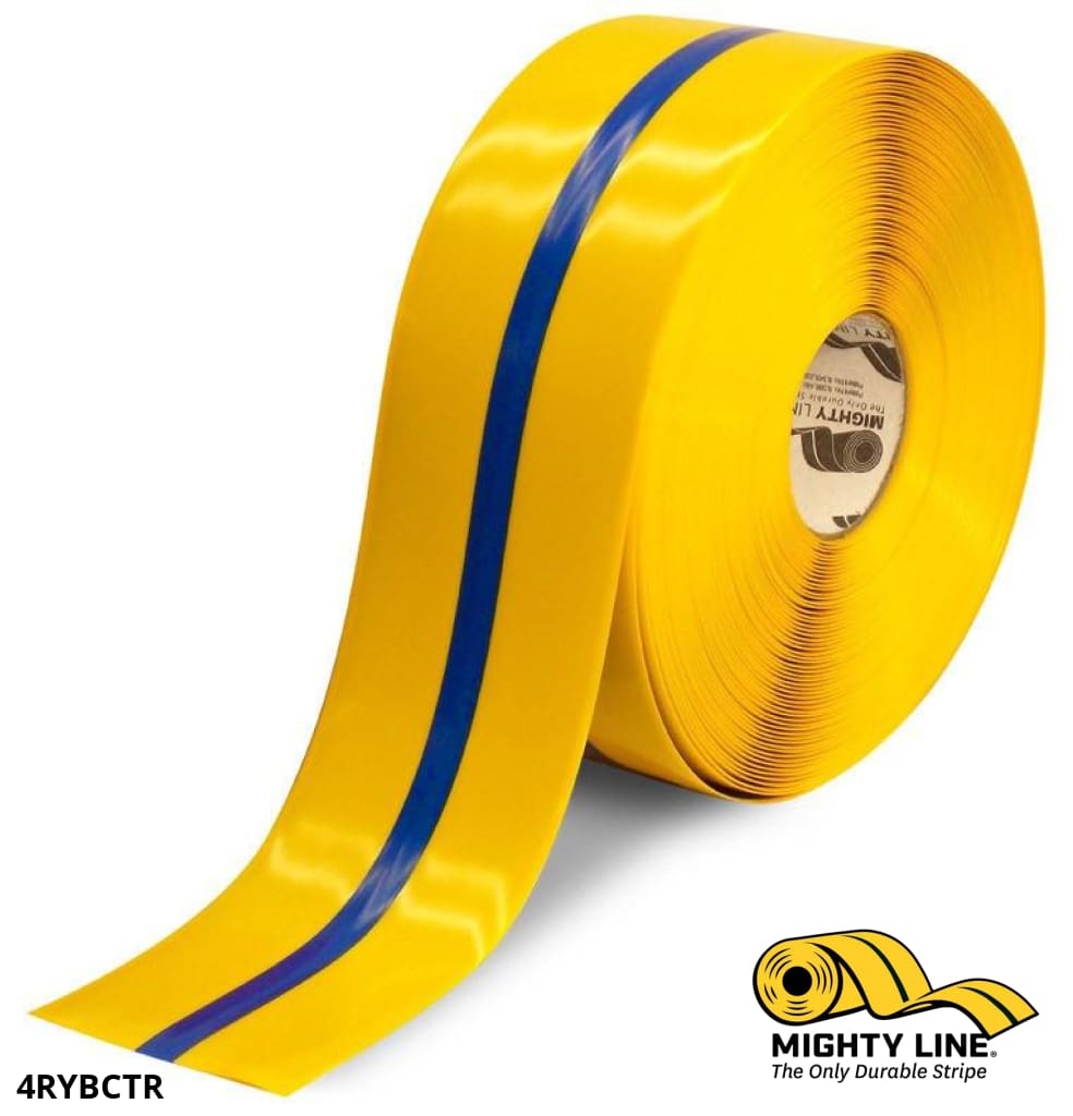 4" Yellow Tape with Blue Center Line - 100' Roll - Safety Floor Tape