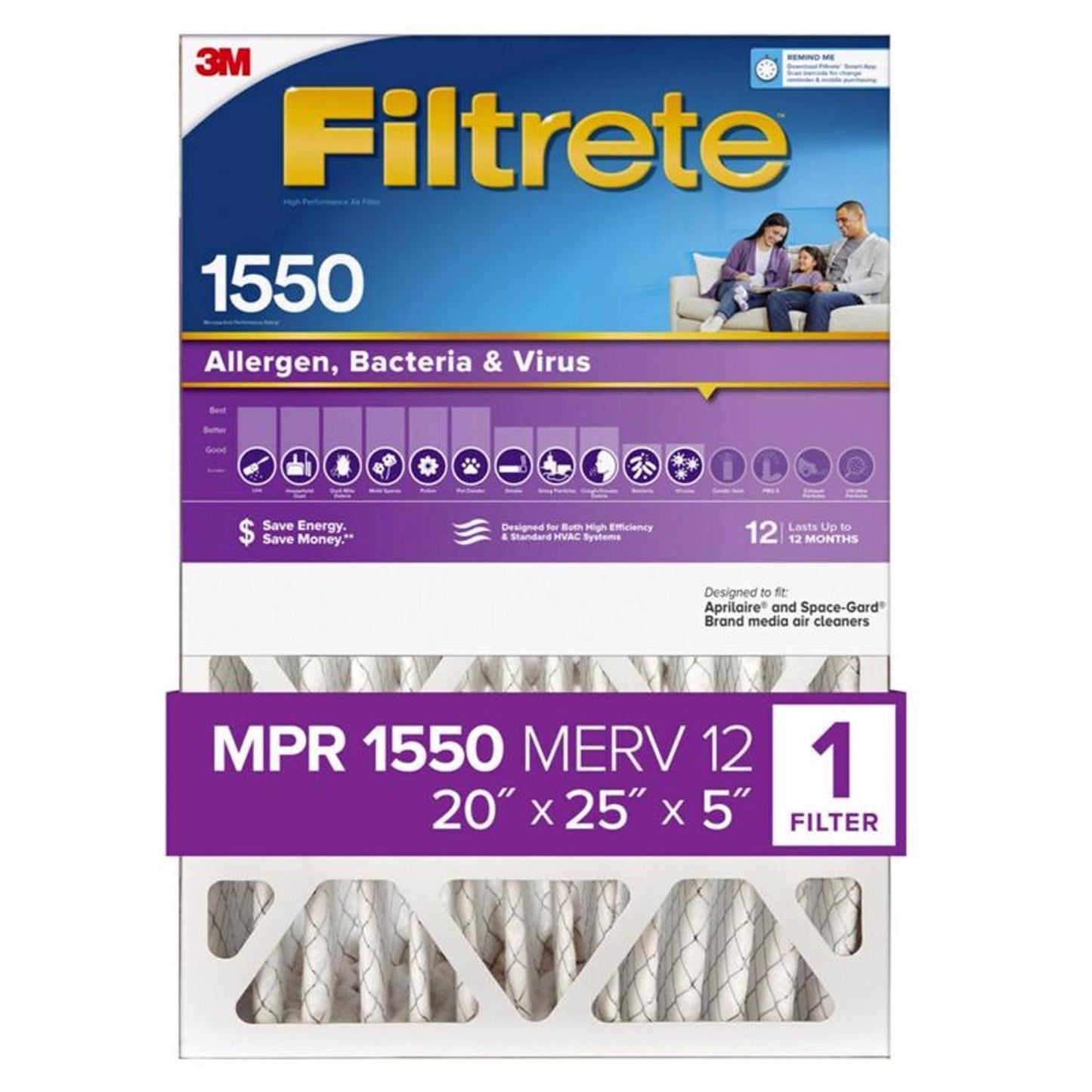 Filtrete Ultra 20 in. W X 25 in. H X 5 in. Polyester 1550 MPR Pleated Allergen Air Filter 1 pk