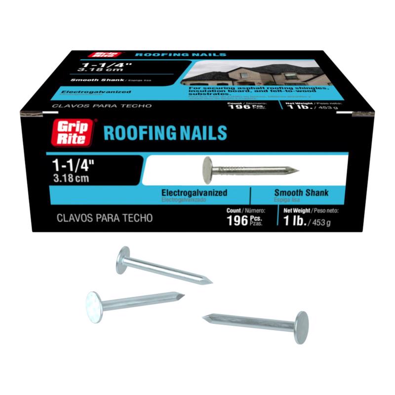 Grip-Rite 1-1/4 in. Roofing Electro-Galvanized Steel Nail Flat Head 1 lb