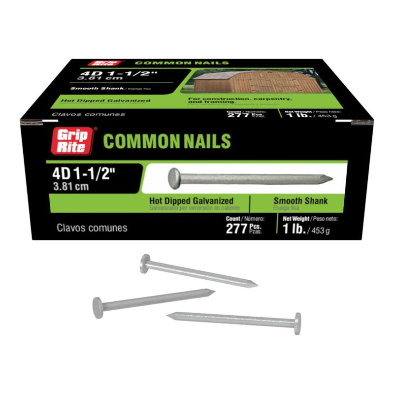Grip-Rite 4D 1-1/2 in. Common Hot-Dipped Galvanized Steel Nail Flat Head 1 lb