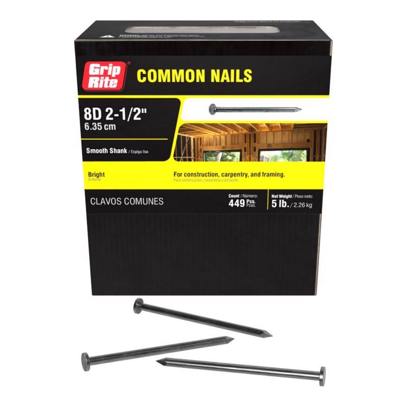 Grip-Rite 8D 2-1/2 in. Common Bright Steel Nail Flat Head 5 lb
