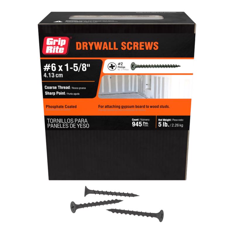 Grip-Rite No. 6 X 1-5/8 in. L Phillips Coarse Drywall Screws 5 lb 1000 pk