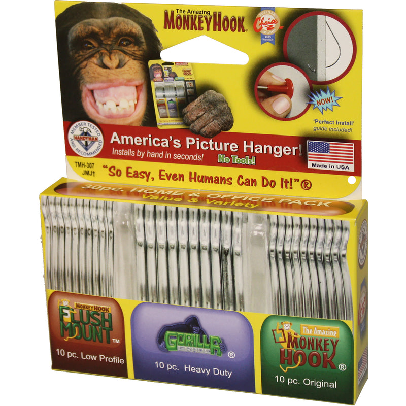 HILLMAN Value & Variety Pack Galvanized Silver Monkey Picture Hanging Set 40 lb 30 pk