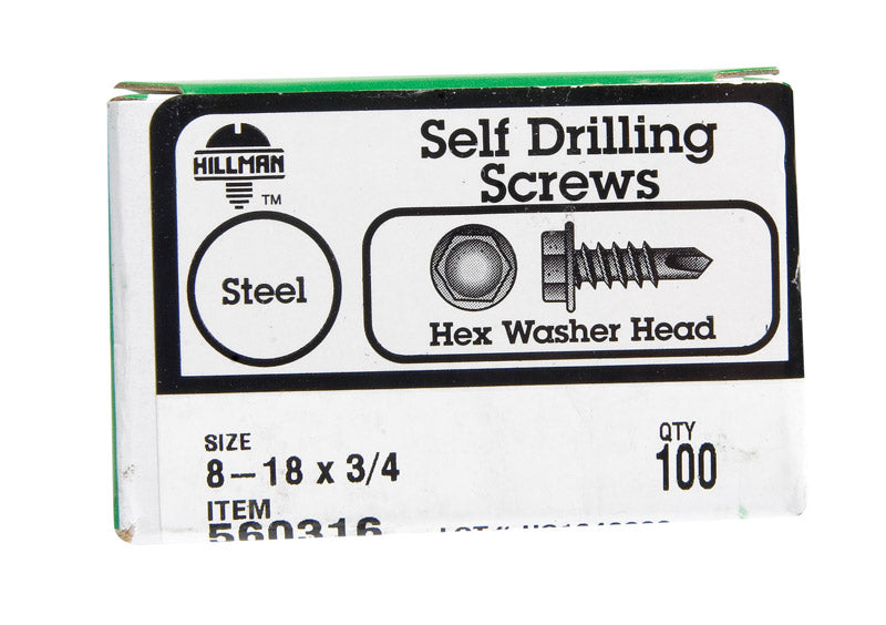 HILLMAN No. 8 Ga. X 3/4 in. L Hex Hex Washer Head Self-Drilling Screws 100 pk