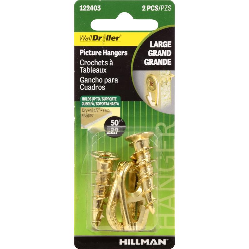 HILLMAN Brass-Plated Gold Self-Drilling Picture Hanger 50 lb 2 pk