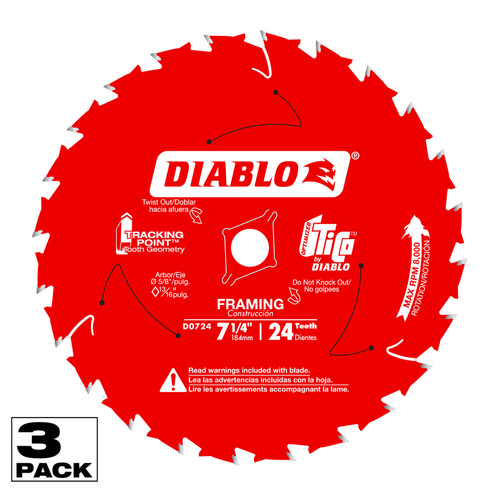 Diablo Tracking Point 7-1/4 in. D X 5/8 in. TiCo Hi-Density Carbide Framing Saw Blade 24 teeth 3 pk