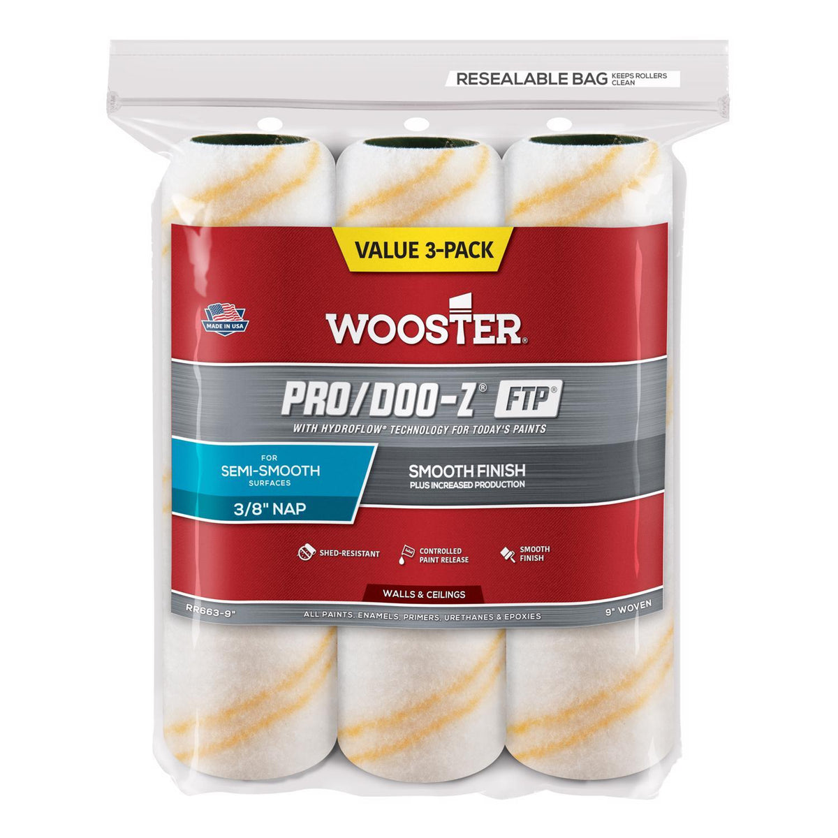 Wooster Pro/Doo-Z FTP Synthetic Blend 9 in. W X 3/8 in. Paint Roller Cover RR663-9 3 pk