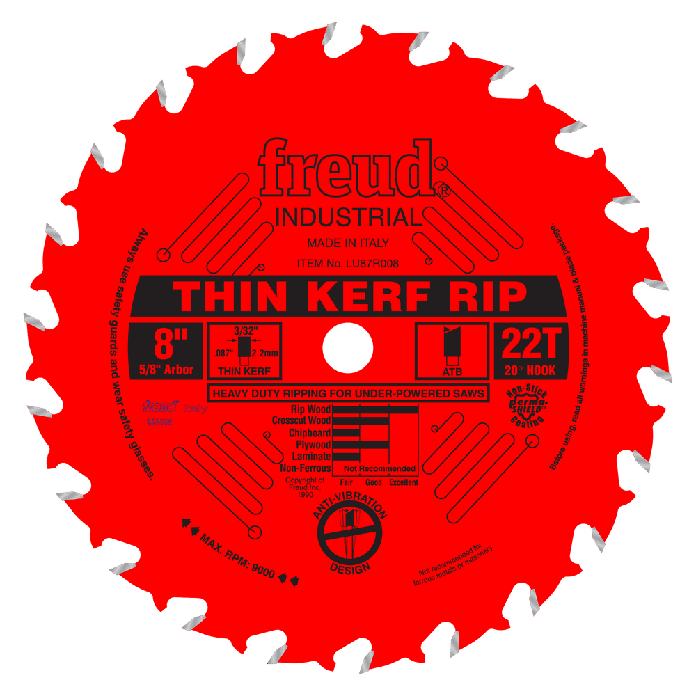 Freud 8 in. D X 5/8 in. Thin Kerf Rip TiCo Hi-Density Carbide Table Saw Blade 22 teeth 1 pk