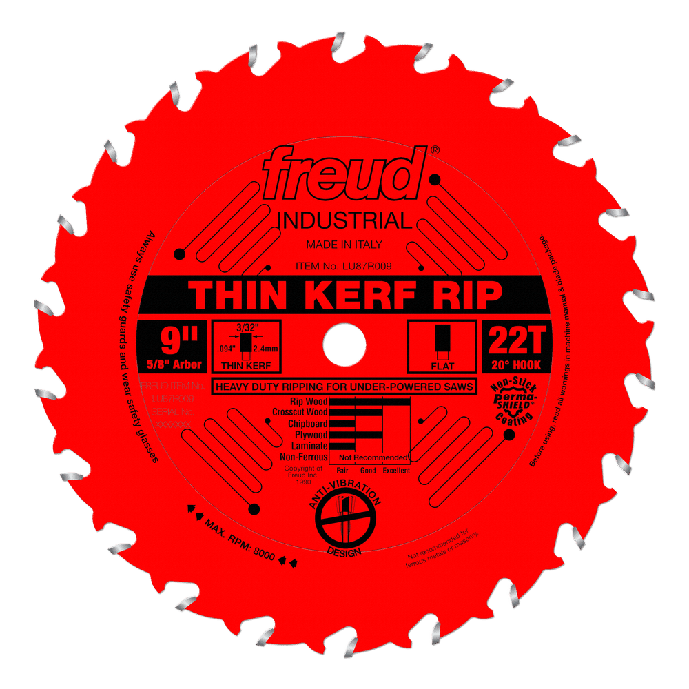 Freud 9 in. D X 5/8 in. Thin Kerf Rip TiCo Hi-Density Carbide Table Saw Blade 22 teeth 1 pk