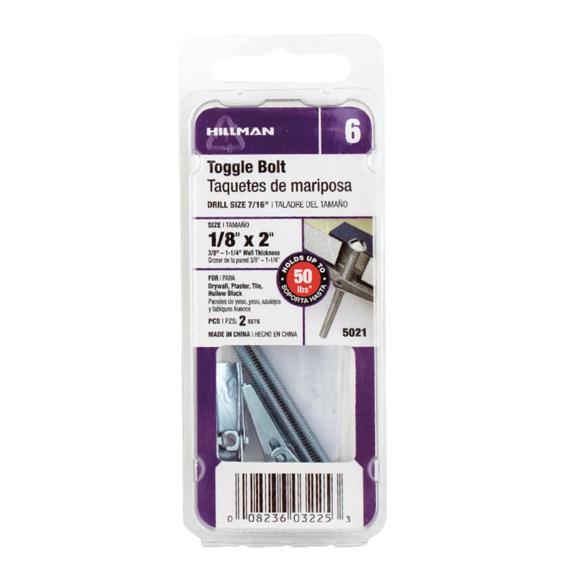 HILLMAN 1/8 in. D X 2 in. L Round Zinc-Plated Steel Toggle Bolt 2 pk
