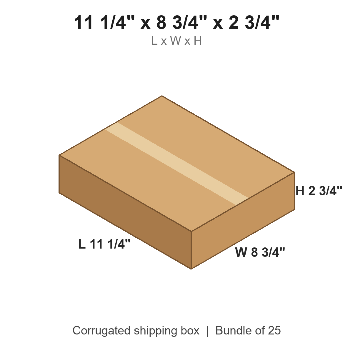 11 1/4 x 8 3/4 x 2 3/4 in corrugated shipping box