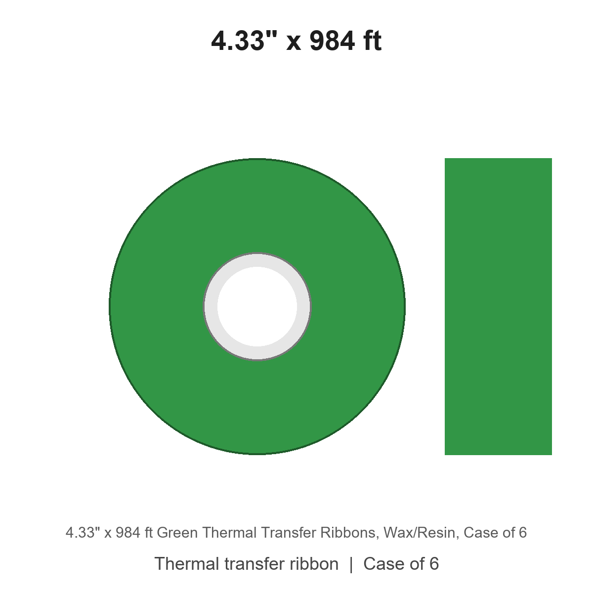4.33" x 984 ft Green Thermal Transfer Ribbons, Wax/Resin