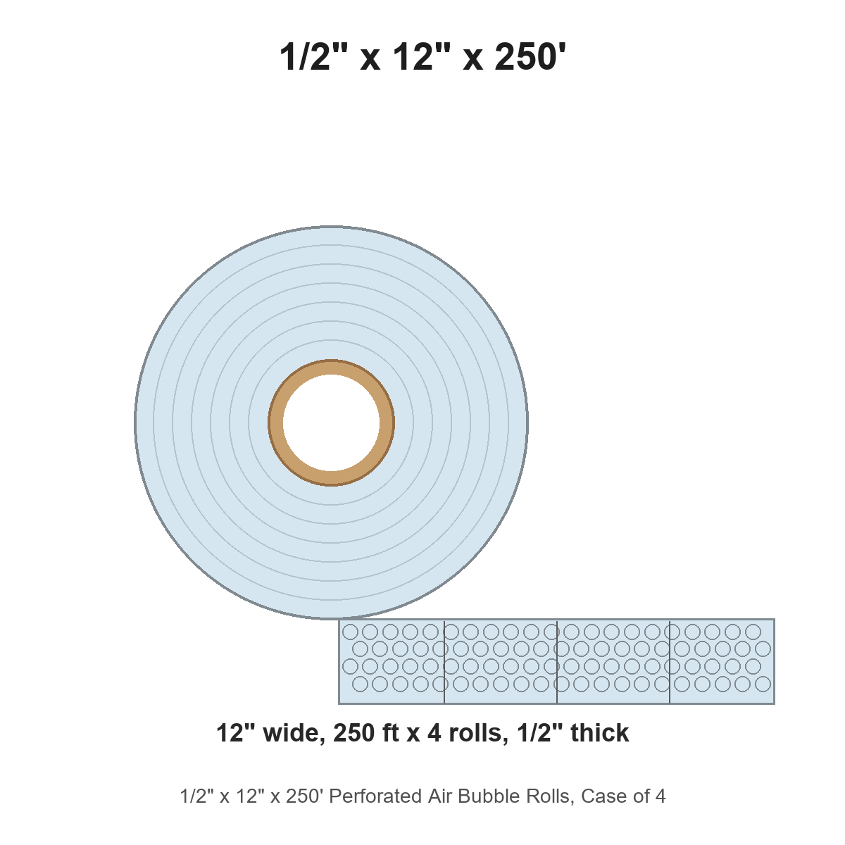 1/2" x 12" x 250' Perforated Air Bubble Rolls, Case of 4