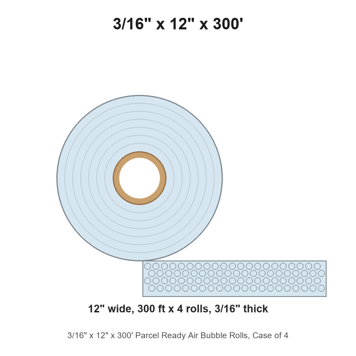 3/16" x 12" x 300' Parcel Ready Air Bubble Rolls, Case of 4