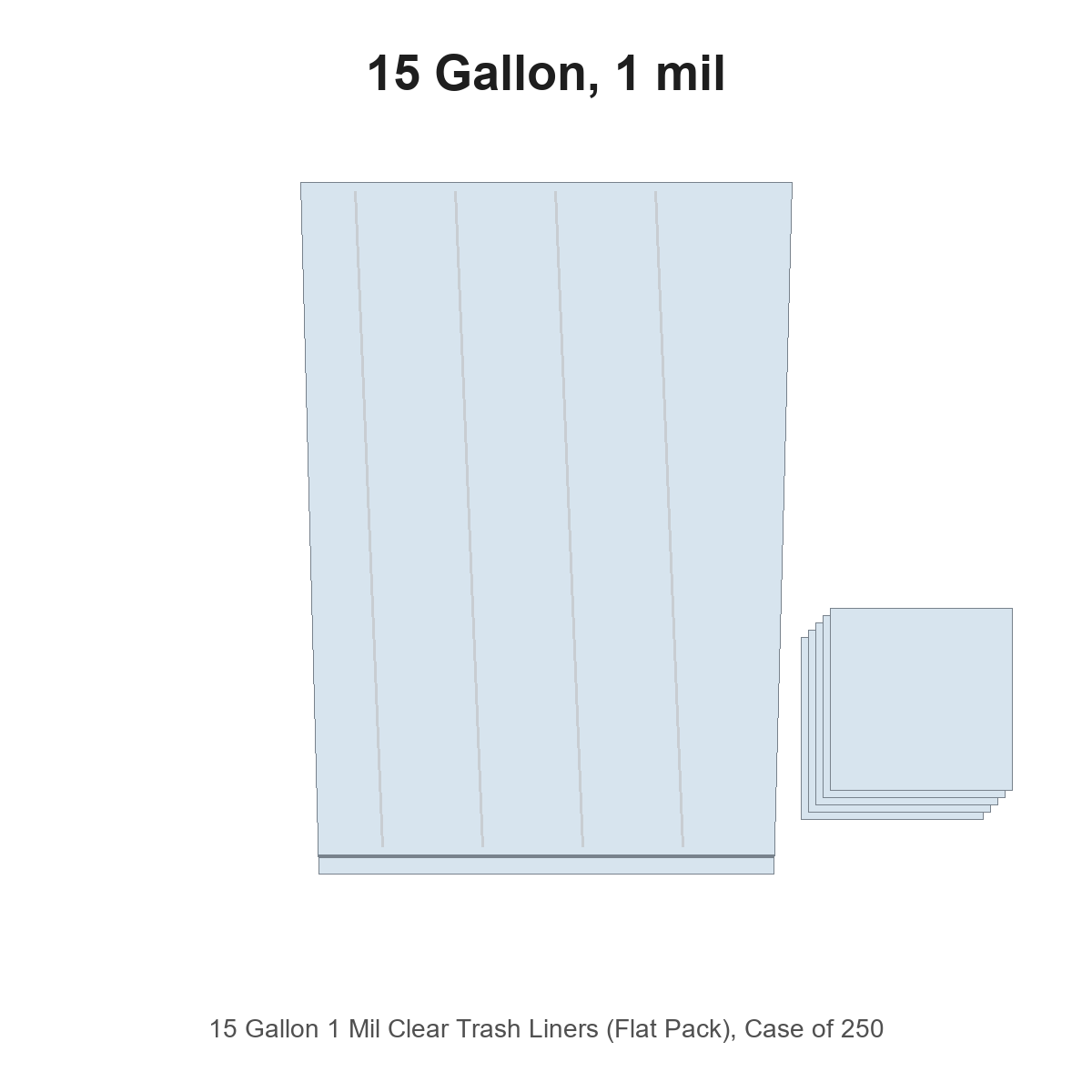 15 Gallon 1 Mil Clear Trash Liners (Flat Pack), Case of 250