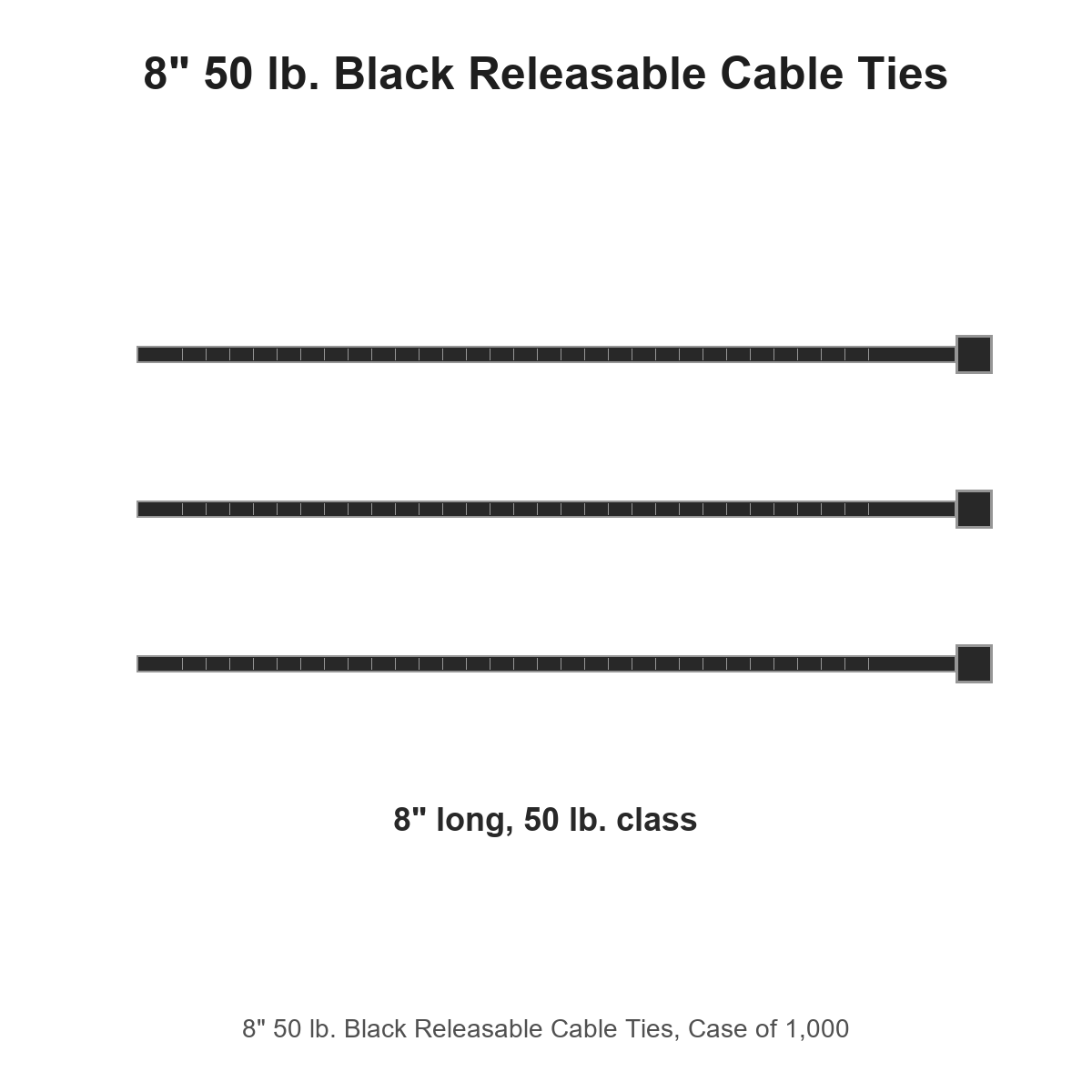 8" 50 lb. Black Releasable Cable Ties, Case of 1,000