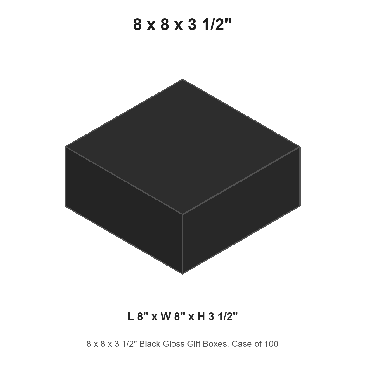 8 x 8 x 3 1/2" Black Gloss Gift Boxes, Case of 100