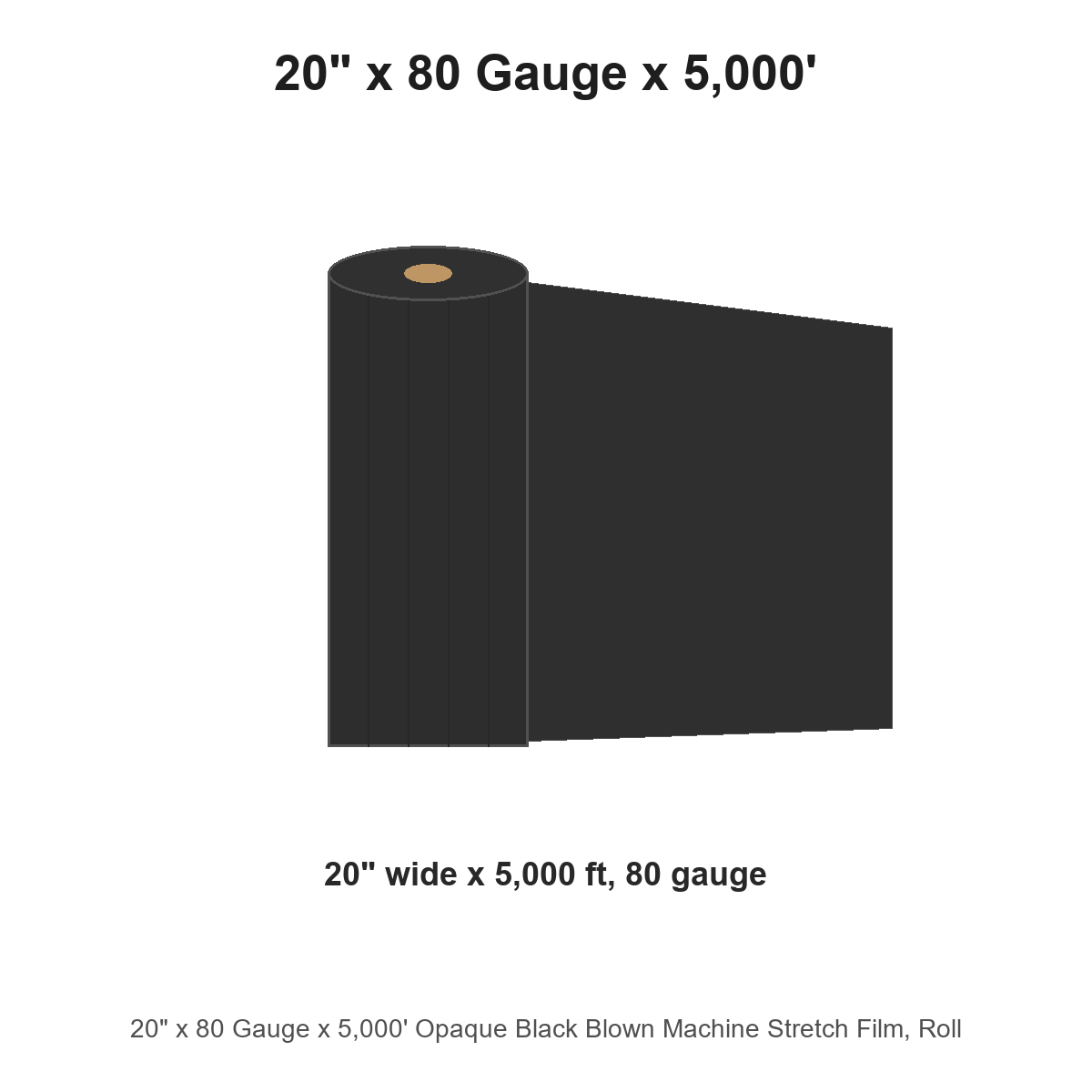 20" x 80 Gauge x 5,000' Opaque Black Blown Machine Stretch Film, Roll
