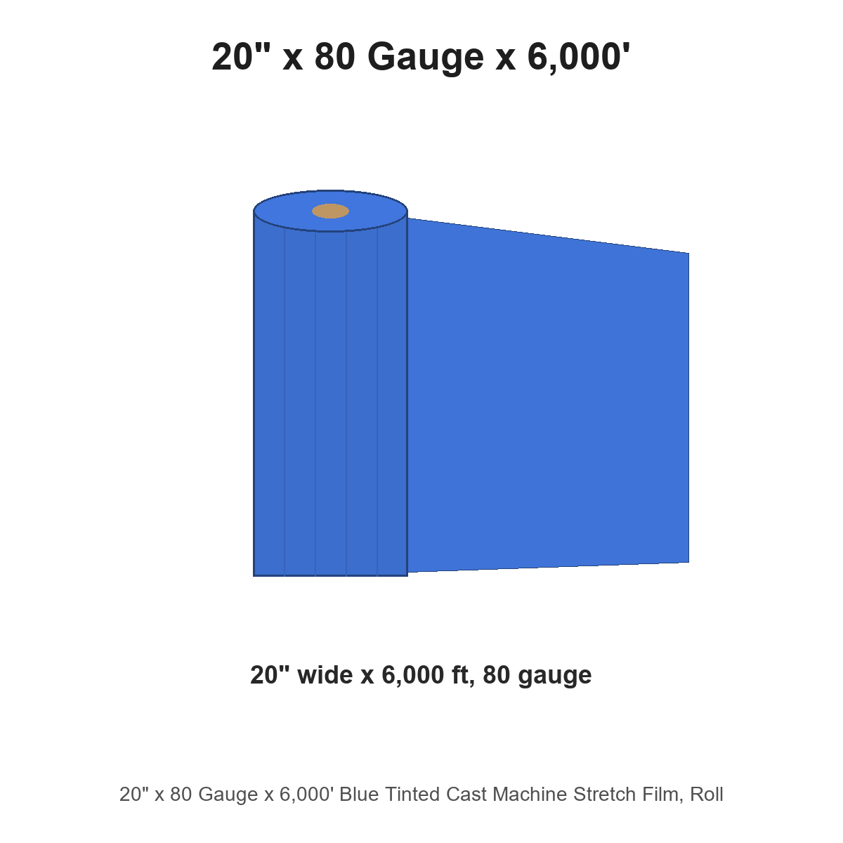 20" x 80 Gauge x 6,000' Blue Tinted Cast Machine Stretch Film, Roll